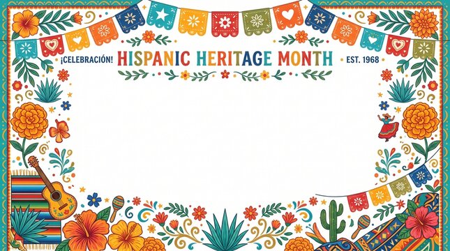 latino culture banner papel picado garland fiesta party border mexican folklore frame traditional art backdrop marigold flowers vector acoustic guitar illustration