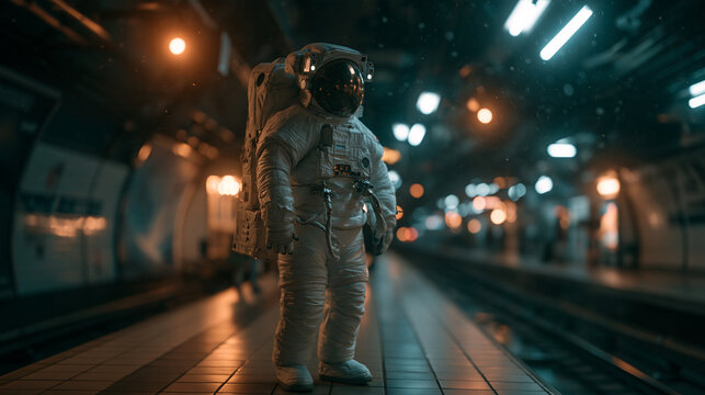 Astronaut Standing on Empty Subway Station Platform
