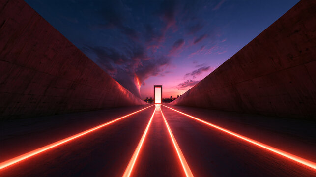 Futuristic Neon Portal with Light Lines at Sunset