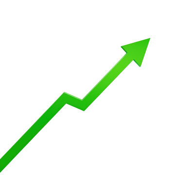Bright green upward trending arrow graph line isolated on black background, for financial growth concept isolated on a transparent background