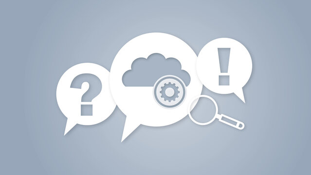 Cloud configuration concept illustration with speech bubbles containing question mark, exclamation point, and a magnifying glass for IT support, troubleshooting and problem solving issues.JPG