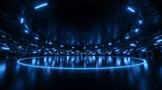 Futuristic Circular Stage with Blue Neon Light Ring