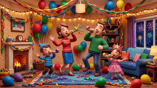 Family Celebrating New Year Party in Claymation Style