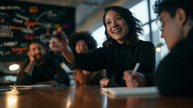 Smiling Businesswoman Leading Brainstorming Meeting With Colleagues