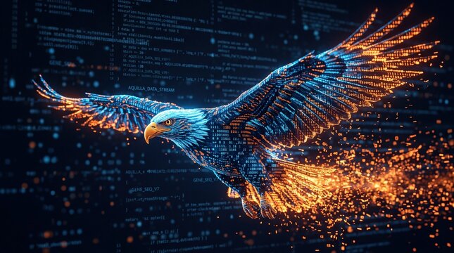 Digital Eagle Flying Through Cyber Data Stream
