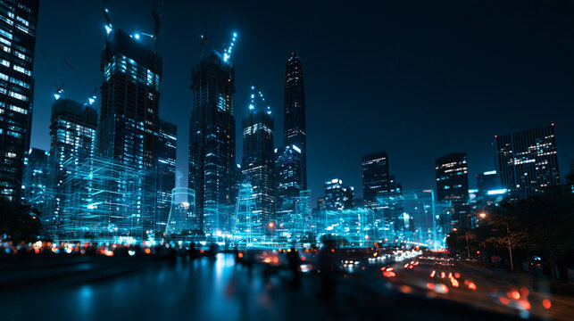 Smart City Digital Twin Blueprint Over Urban Skyline at Night
