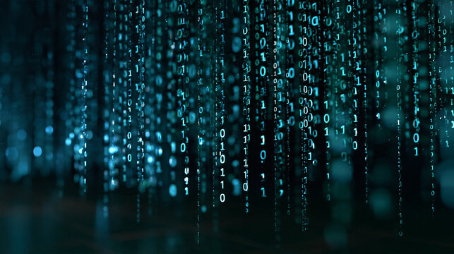 Abstract glowing binary code streaming as a technology background in cool blue tones