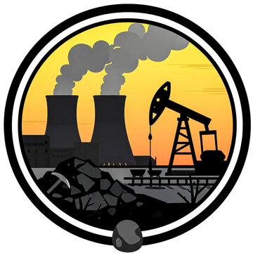 Industrial energy production emblem, power plant with cooling towers and oil pump jack, fossil fuel and mining industry icon