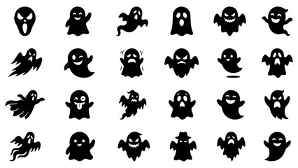 Fototapeta premium Set of black ghost icons and scary spirits with different facial expressions for halloween designs
