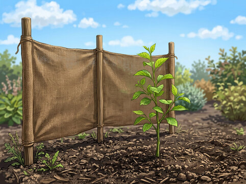Young plant sapling protected by a burlap windbreak screen