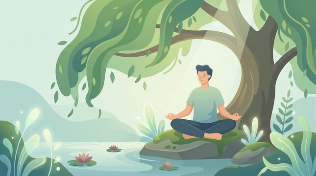 Woman Meditating in Lotus Position, Yoga and Meditation Pose for Relaxation, Wellness, Health and Inner Peace Vector Illustration