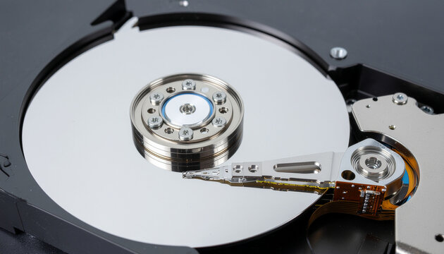 Open Hard Disk Drive with Metallic Platter and Actuator Arm