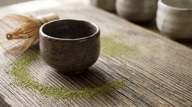Cracked raku bowl with dried matcha on cedar tray