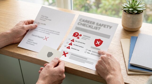 Hands compare job offer warning guidance at workshop