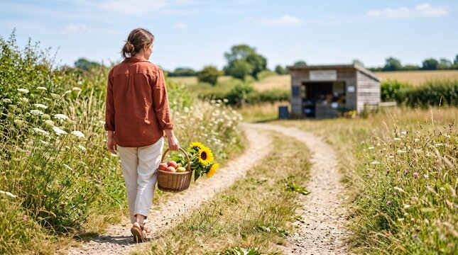 Shopper leaves farmstand with sunflowers and fruit