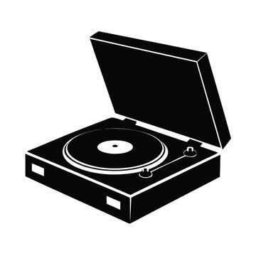 Black and white vector illustration of a vintage record player turntable with an open lid