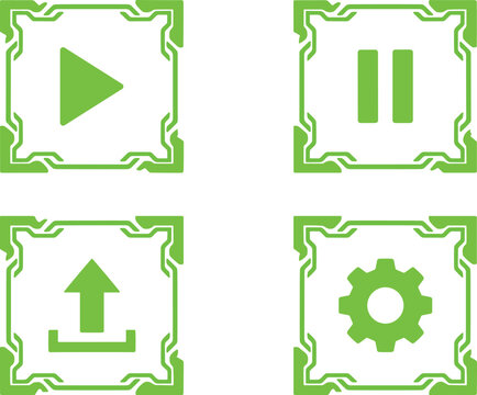 Green technology style button collection including play pause upload and settings gear icon.