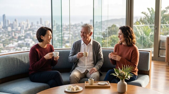 Residents linger over coffee after a shared breakfast