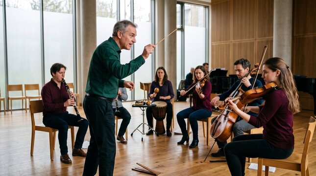 Conductor leads a community orchestra rehearsal