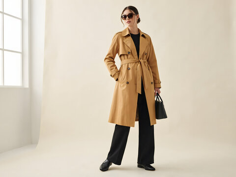 A woman wearing a tan trench coat, black trousers, and sunglasses, holding a black handbag while standing against a light beige studio background