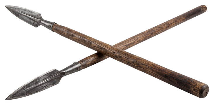 Crossed wooden spears with broad metal spearheads