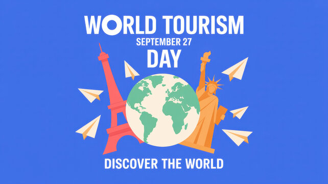 World Tourism Day vector illustration with globe, Eiffel Tower, Statue of Liberty, and paper planes