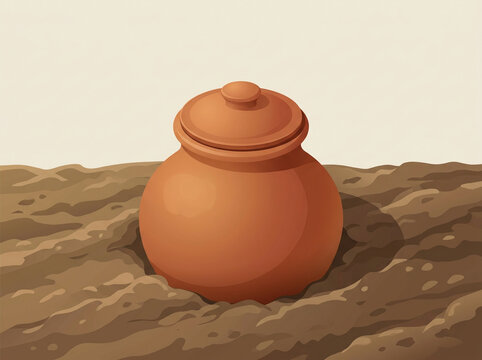 Unglazed terracotta olla irrigation pot in garden soil