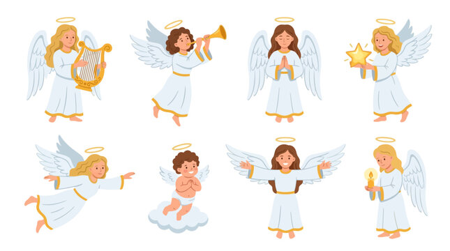 Set of cute cartoon angels in various poses with wings and halos for Christmas design.