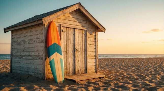 Wooden beach hut with colorful surfboard stands on sand by ocean at golden sunset. Peaceful coastal scene evokes summer vacation vibes. Calm sea meets sandy shore.