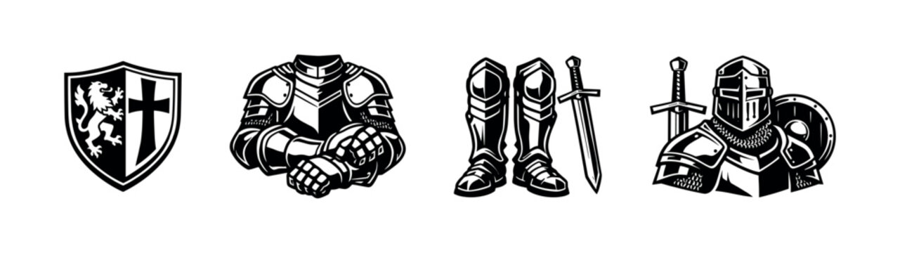 Medieval knight armor and weapons vector elements, including helmet, sword, gauntlets, and shield silhouettes