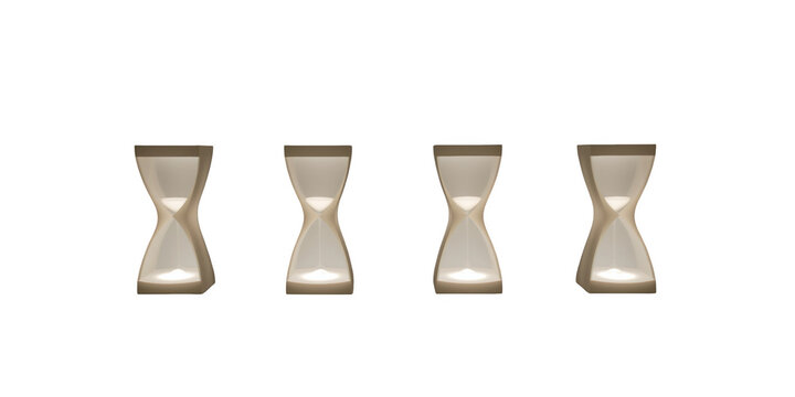 Four modern illuminated hourglass lamps glowing softly against a deep black background, for minimalist decor concept isolated on a transparent background