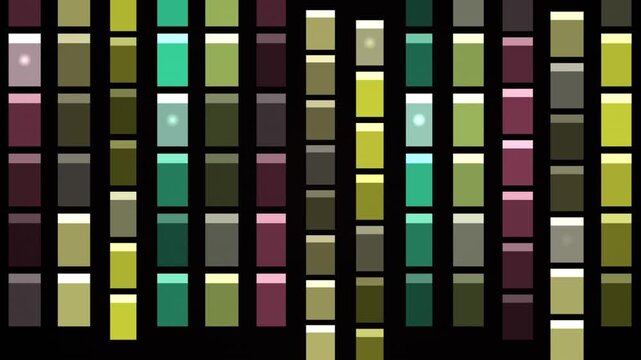 Vertical columns of assorted earth tone rectangles arranged in a grid against black