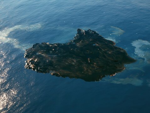 Dark oil spill drifting across calm blue ocean surface with reflective sunlight, creating strong contrast, environmental pollution concept, maritime disaster, contamination risk