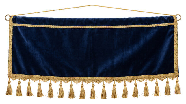 Ornamental navy fabric banner with gold tassel fringe