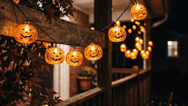 Close-up of glowing jack-o-lantern string lights hanging outdoors, creating a warm festive Halloween atmosphere on a rustic porch at night.