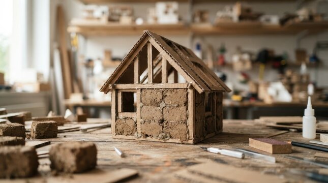 Prototype house frame made from corrugated cardboard panels and packed earth blocks on a site table.