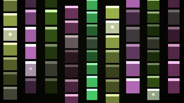 An abstract display of vertical color bars featuring various shades of green, purple, and grey against a dark background.