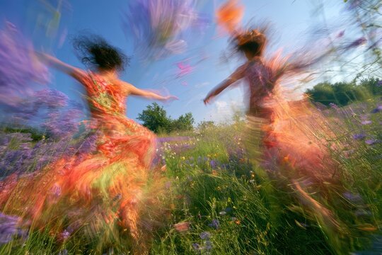 Two women joyfully dancing with motion blur, vibrant wildflower field, clear summer sky