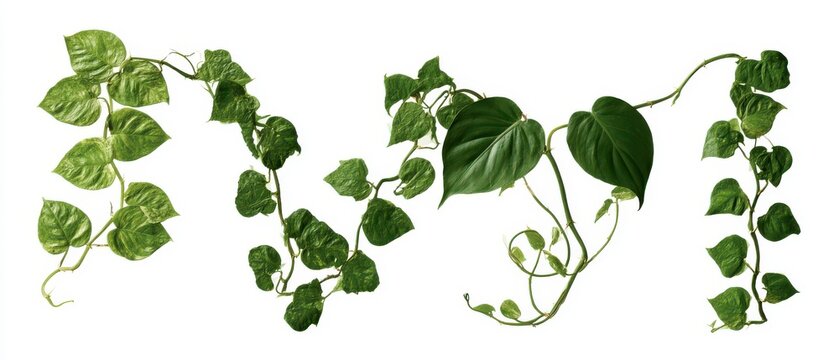 Collection of pressed golden Pothos and heartleaf Philodendron vines, pure white background