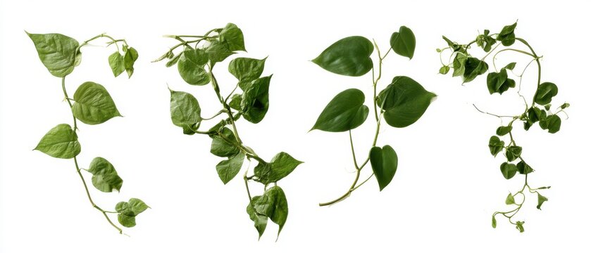 Collection of pressed golden Pothos and heartleaf Philodendron vines, pure white background