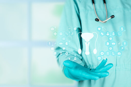 Concept of modernity in men's medicine and digital urology. A professional presents the silhouette of the male reproductive system against an emerald green background.