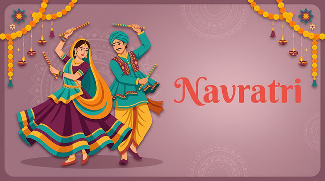 Colorful garba dancing couple with dandiya sticks marigold decorations and festive background celebrating durga puja and navratri traditional indian cultural festival artwork