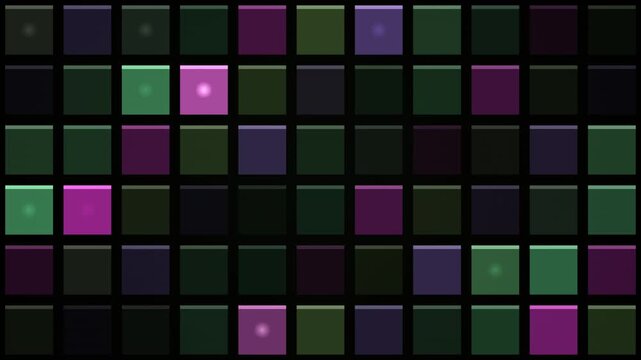 An array of dark square tiles displays various shades of purple, green, and black lighting effects across a grid.