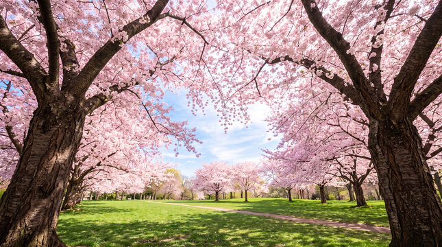 Beautiful cherry blossom trees in full bloom in a green park