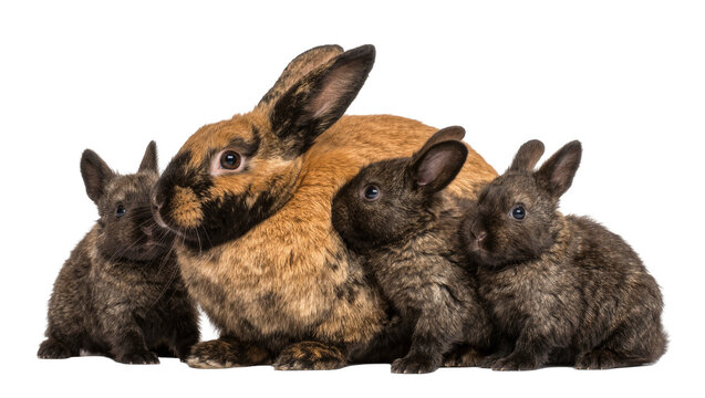 Adult tortoiseshell rabbit with three dark brown babies, isolated on transparent background