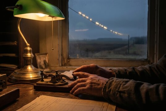 Weathered Hands Operating Vintage Morse Code Telegraph Key at Night Desk with Green Banker Lamp Glowing Wire Signal and Rainy Rural Window Historical Communication Concept