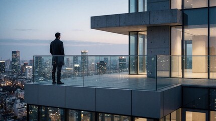 Naklejka na ściany i meble Man in coat on high balcony looks at city lights at dusk. Rooftop terrace offers view of urban skyline. Concept of future success and leadership. Modern architecture.