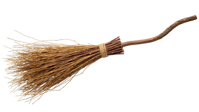 Rustic twig broom with natural bristles tied with twine, isolated on transparent background