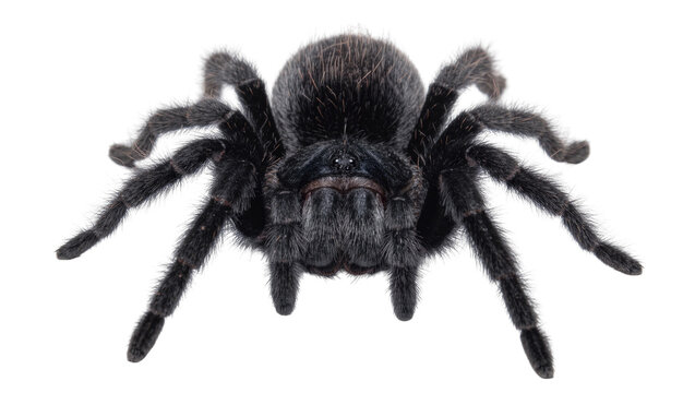 Fluffy black tarantula spider with hairy legs, isolated on transparent background