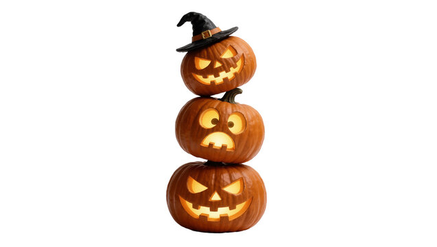 Three carved Halloween pumpkins stacked one wearing a witch hat, isolated on transparent background
